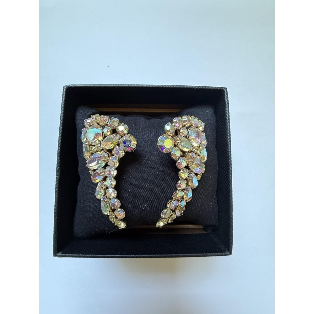 Aurora Borealis Rhinestone Vintage Clip Earrings Gold Tone